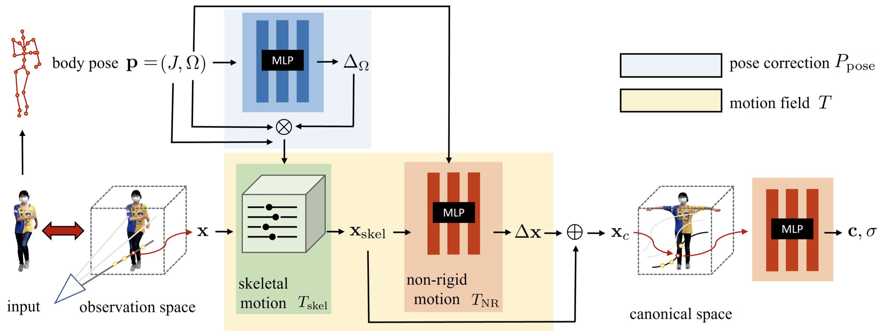 Fig.2. Overview. 我們的方法以視頻幀為輸入，並針對標準外觀進行優化，將其呈現為連續場，同時也為從觀察空間到標準空間的運動場進行映射。運動場被拆分為骨架的剛性和非剛性運動，分別以離散網格和連續場的形式呈現。我們還使用現有的身體姿態估計器來初始化身體姿態，進一步進行微調，以獲得更好的對齊效果。我們在觀察空間的體積渲染和輸入圖像之間施加了一個損失，以引導優化朝著解決方案的方向進行。