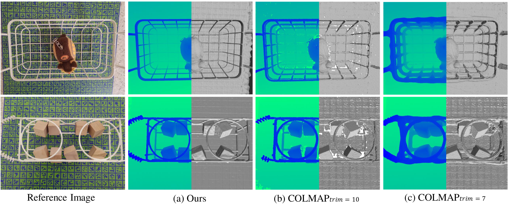 Figure 8:Comparison on scenes with thin structure objects. Left half is the depth map while right half is the reconstructed surface.
